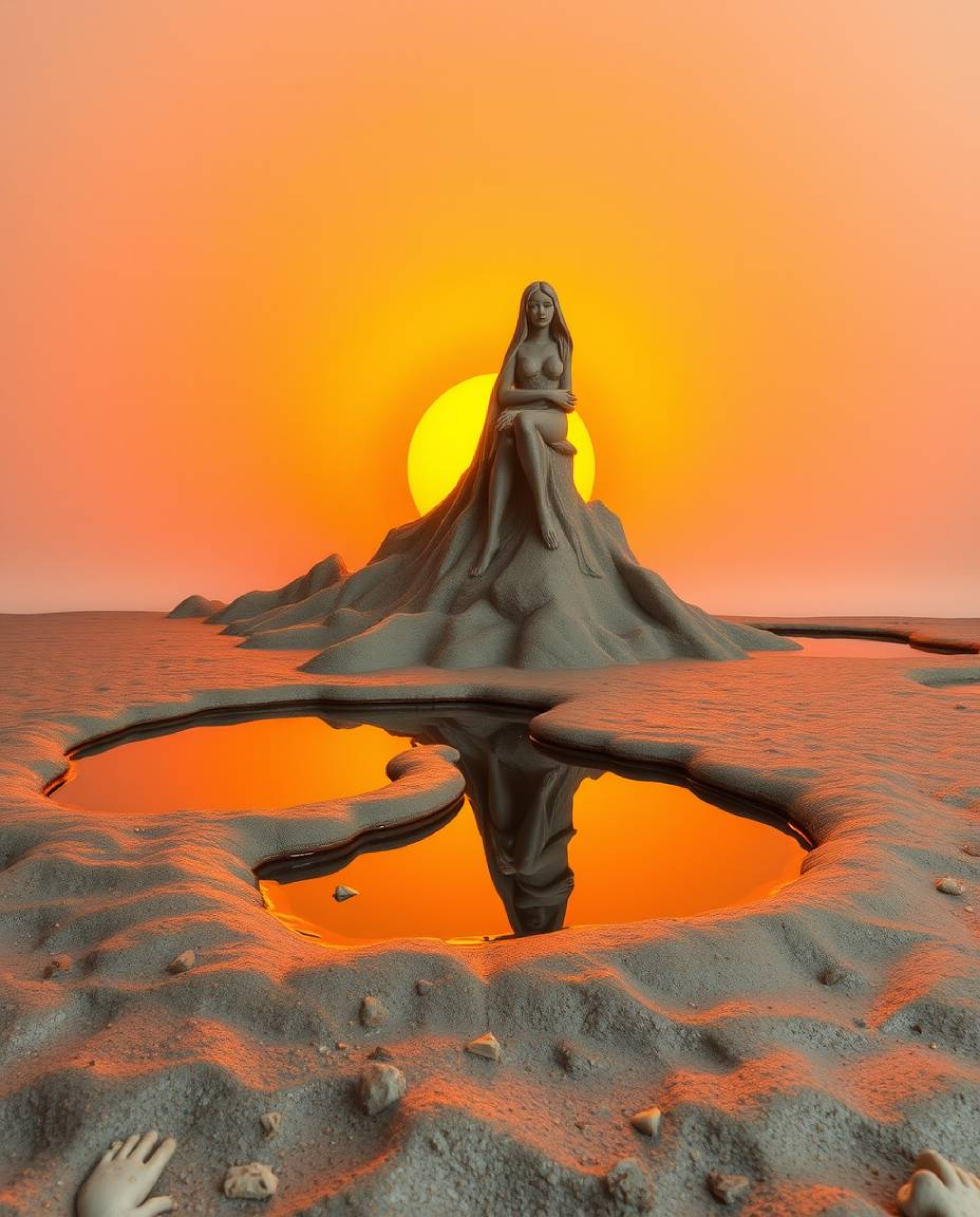 A sculptural clay art piece depicts a stunning sunset sky mirrored in the tranquil tidal pools of a beach. The artwork is cha