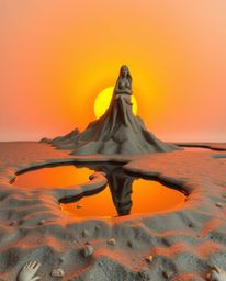 A sculptural clay art piece depicts a stunning sunset sky mirrored in the tranquil tidal pools of a beach. The artwork is cha