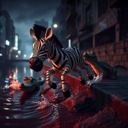 Eerie and creepy street photography depicting a 3D cartoon zebra in a moment of terror, jumping to a riverbank to escape a mi