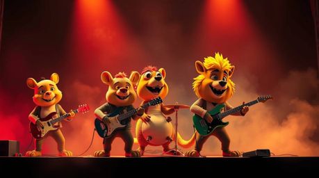A vibrant and energetic scene depicting a cartoon animal rock band performing on stage.  Illuminated by striking volumetric l