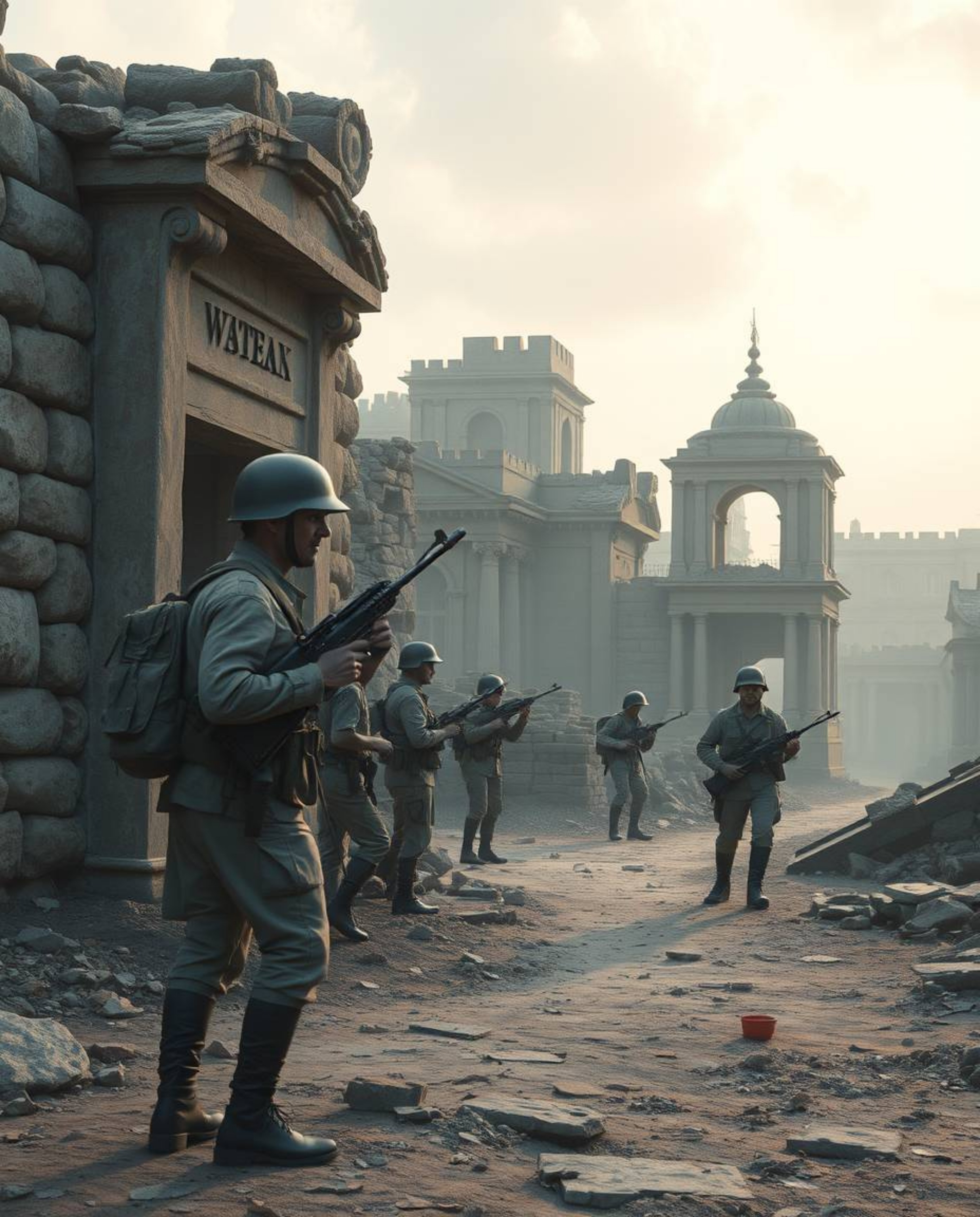 Explore a soft pastel colored photograph showcasing time-warped soldiers amidst crumbling buildings, bathed in strong hard li