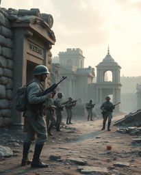 Explore a soft pastel colored photograph showcasing time-warped soldiers amidst crumbling buildings, bathed in strong hard li