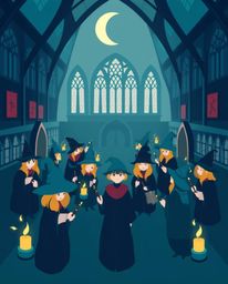 A captivating, modern, flat design illustration showcases a magical school brimming with young wizards, rendered in a rich, d