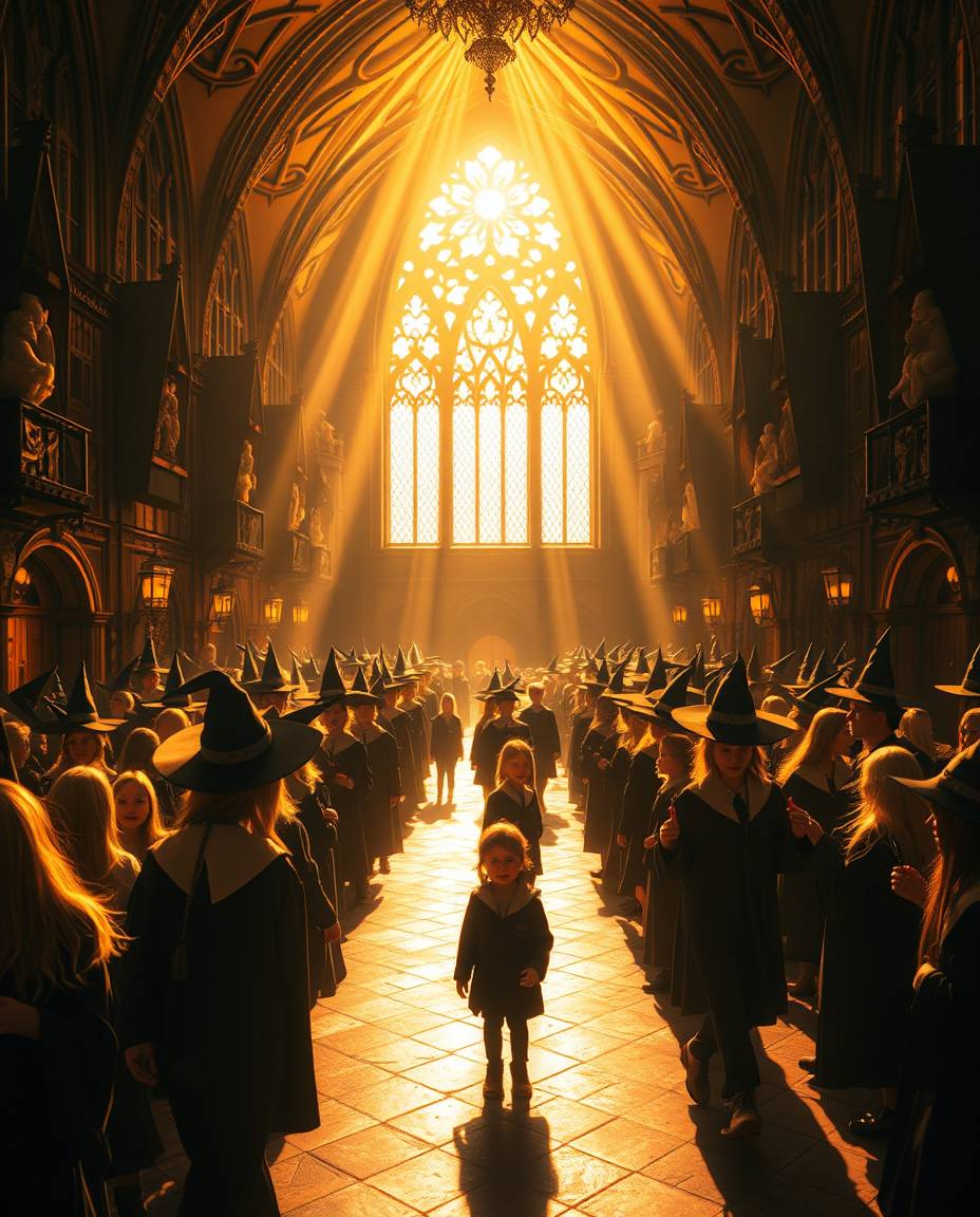 Imagine a magical school teeming with young wizards, bathed in a warm, golden light, creating a radiant and luxurious atmosph