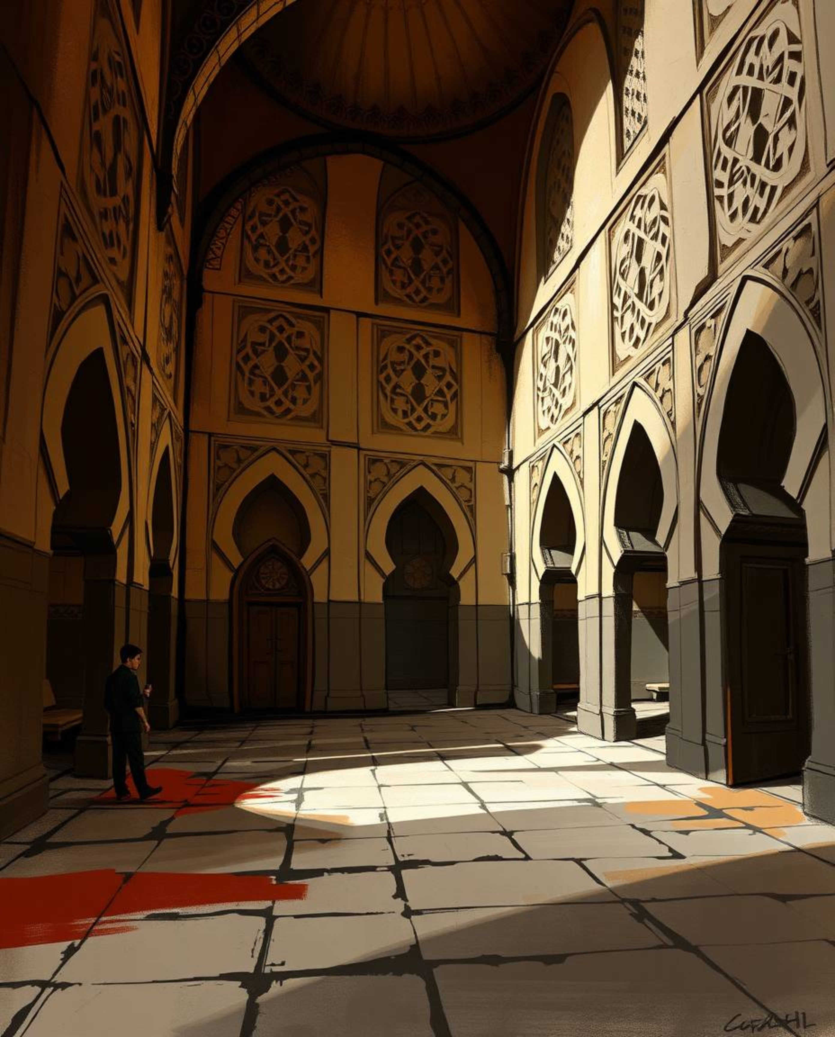 Explore a dynamic digital sketch showcasing Islamic geometric patterns meticulously carved in stone. This concept art piece e