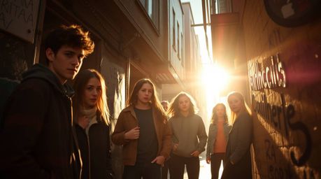 A grungy city alley scene featuring rebellious teens under strong, hard light. The image is bathed in warm autumn colors, cre