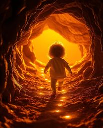 A whimsical scene unfolds as a child with delicate features embarks on a mysterious journey, following a trail of warm, golde