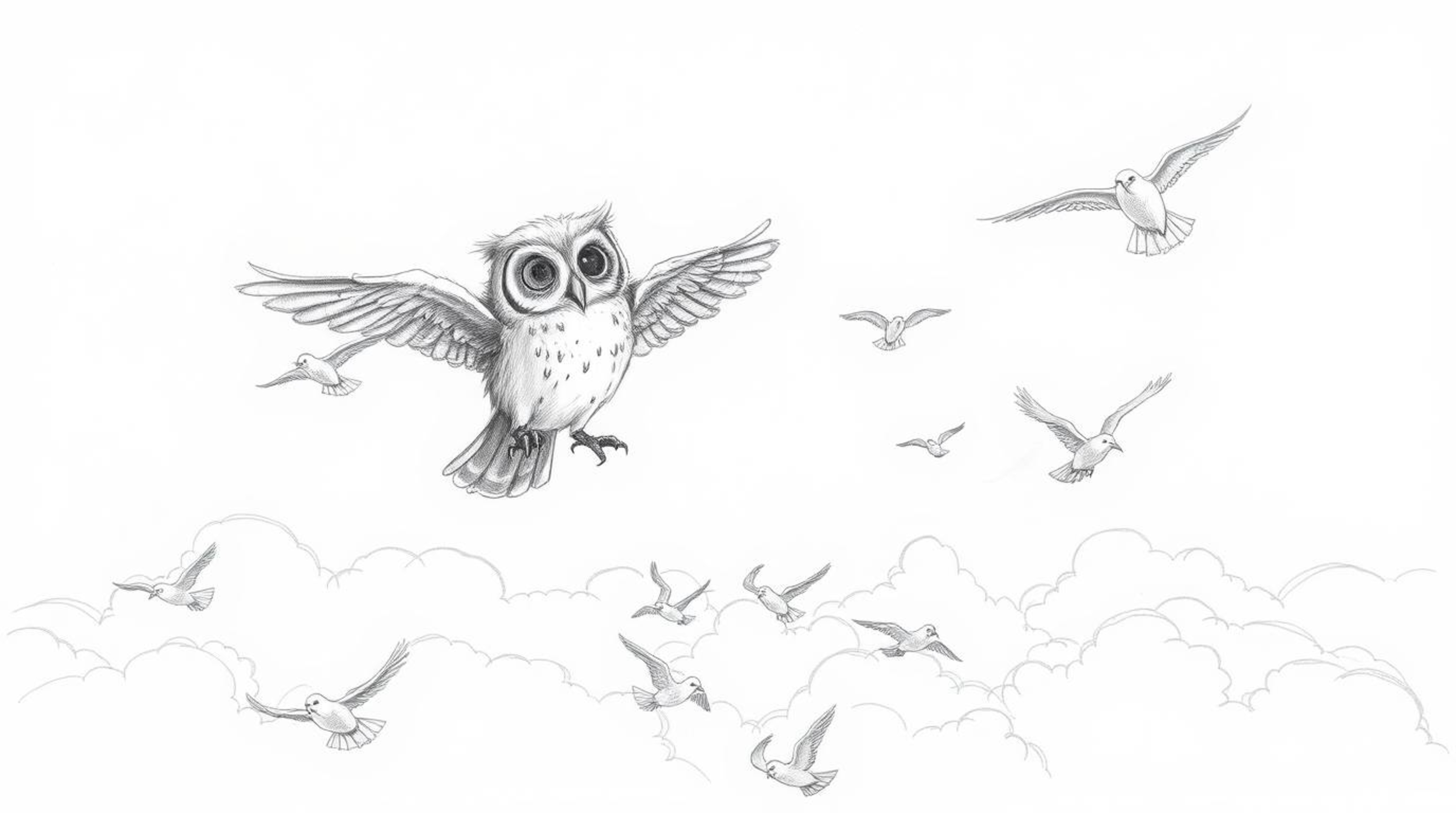 A hand-drawn pencil sketch depicts a blind owl, styled in a Pixar-esque manner, leading a flock of birds in flight above a se