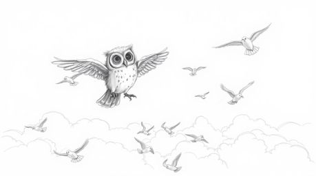 A hand-drawn pencil sketch depicts a blind owl, styled in a Pixar-esque manner, leading a flock of birds in flight above a se