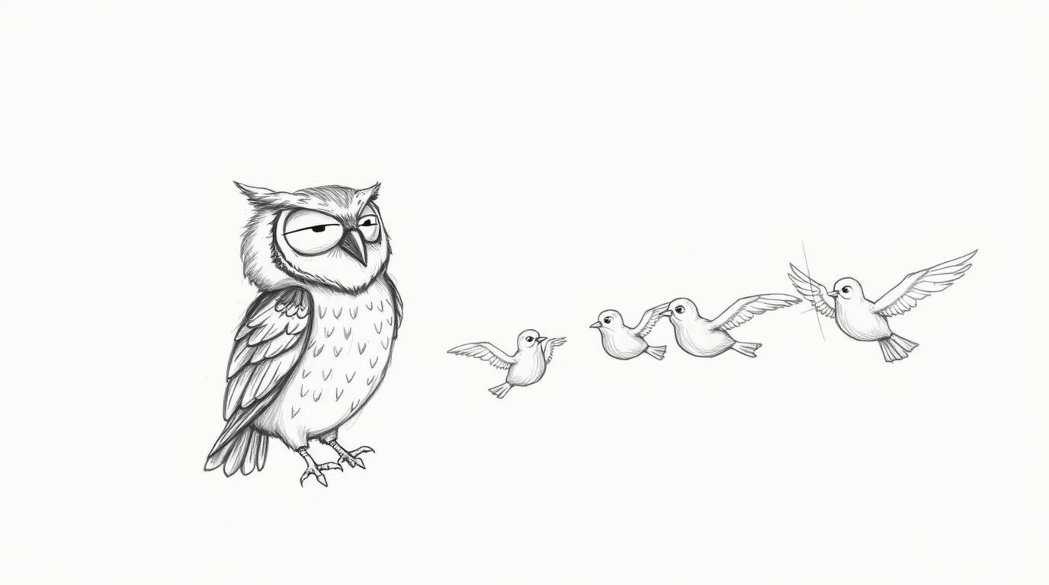 This charming, Pixar-style hand-drawn sketch depicts a heartwarming scene of a blind owl with intricately detailed feathers a