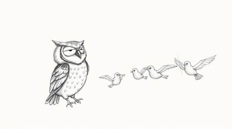 This charming, Pixar-style hand-drawn sketch depicts a heartwarming scene of a blind owl with intricately detailed feathers a