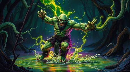 A vibrant and energetic depiction of an ogre dancing in a swamp.  The scene is characterized by electric, vivid colors and a 