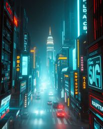 A captivating fine art photograph presents a futuristic city disrupted by a glitch, showcasing flickering lights and broken h