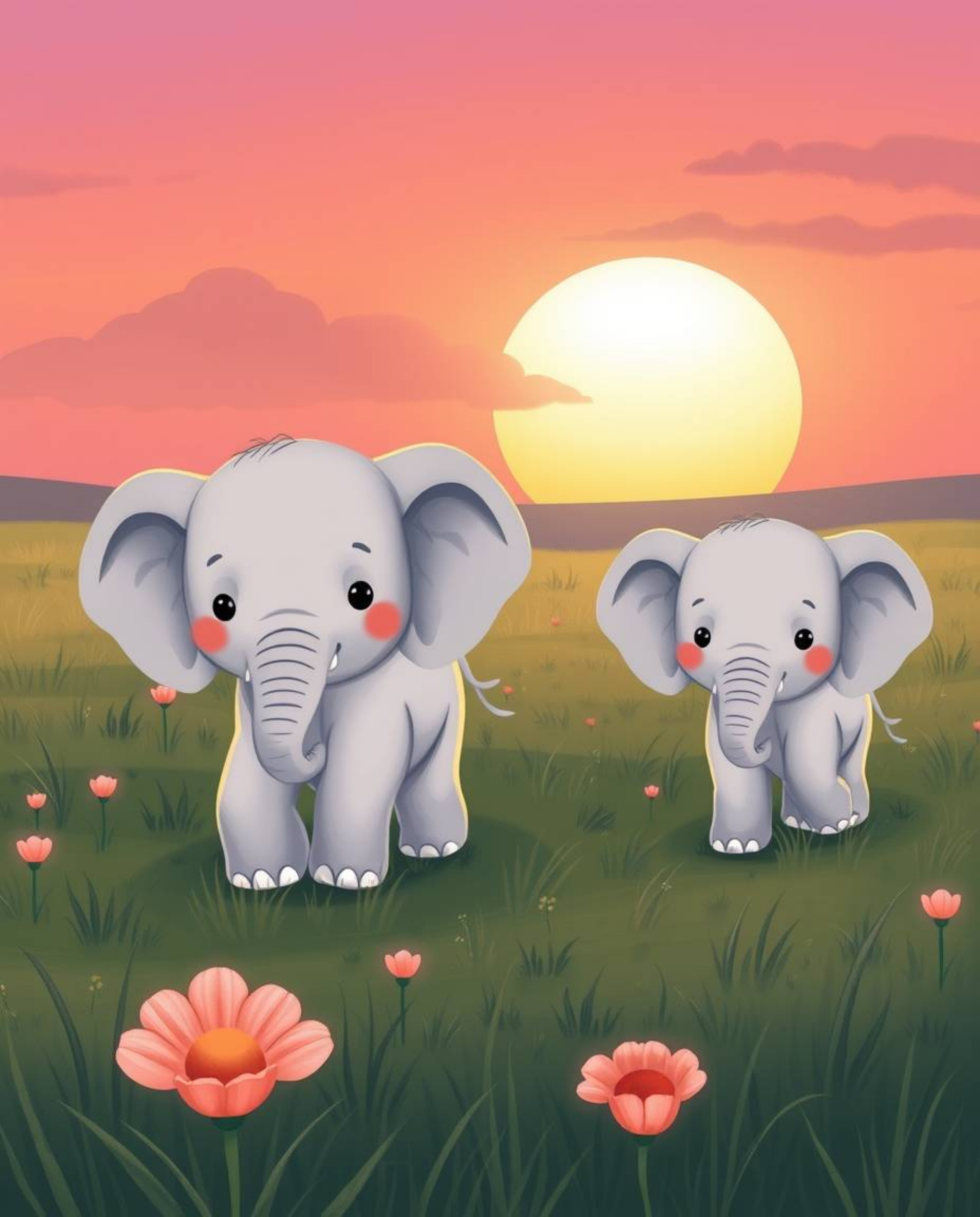 This is a charming illustration of adorable elephants with endearing features, depicted walking across a field at sunset. The