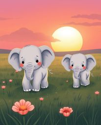 This is a charming illustration of adorable elephants with endearing features, depicted walking across a field at sunset. The
