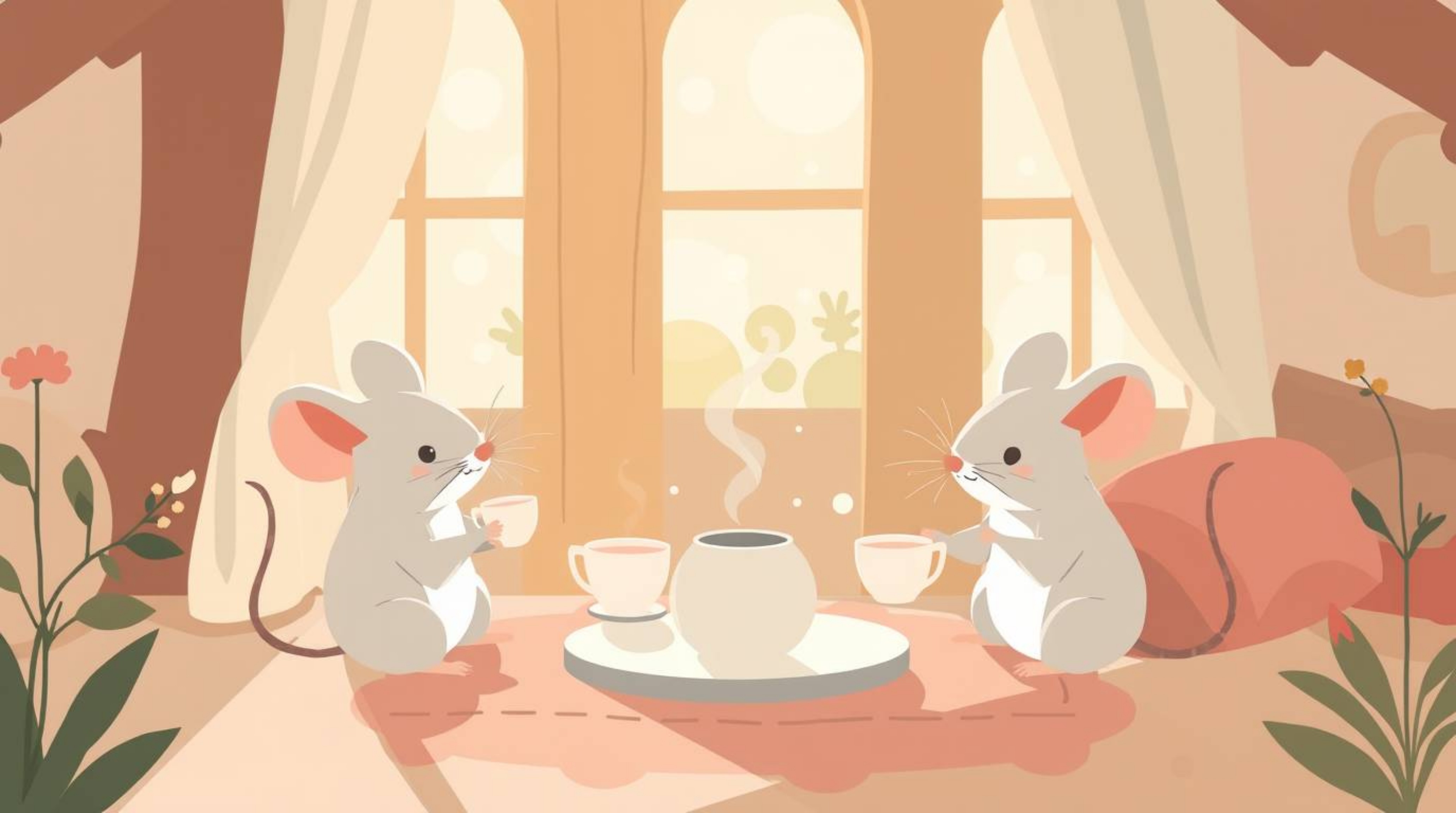 A charming flat design illustration depicts anthropomorphic mice enjoying a tea party in a cozy cottage.  The soft, dreamy at