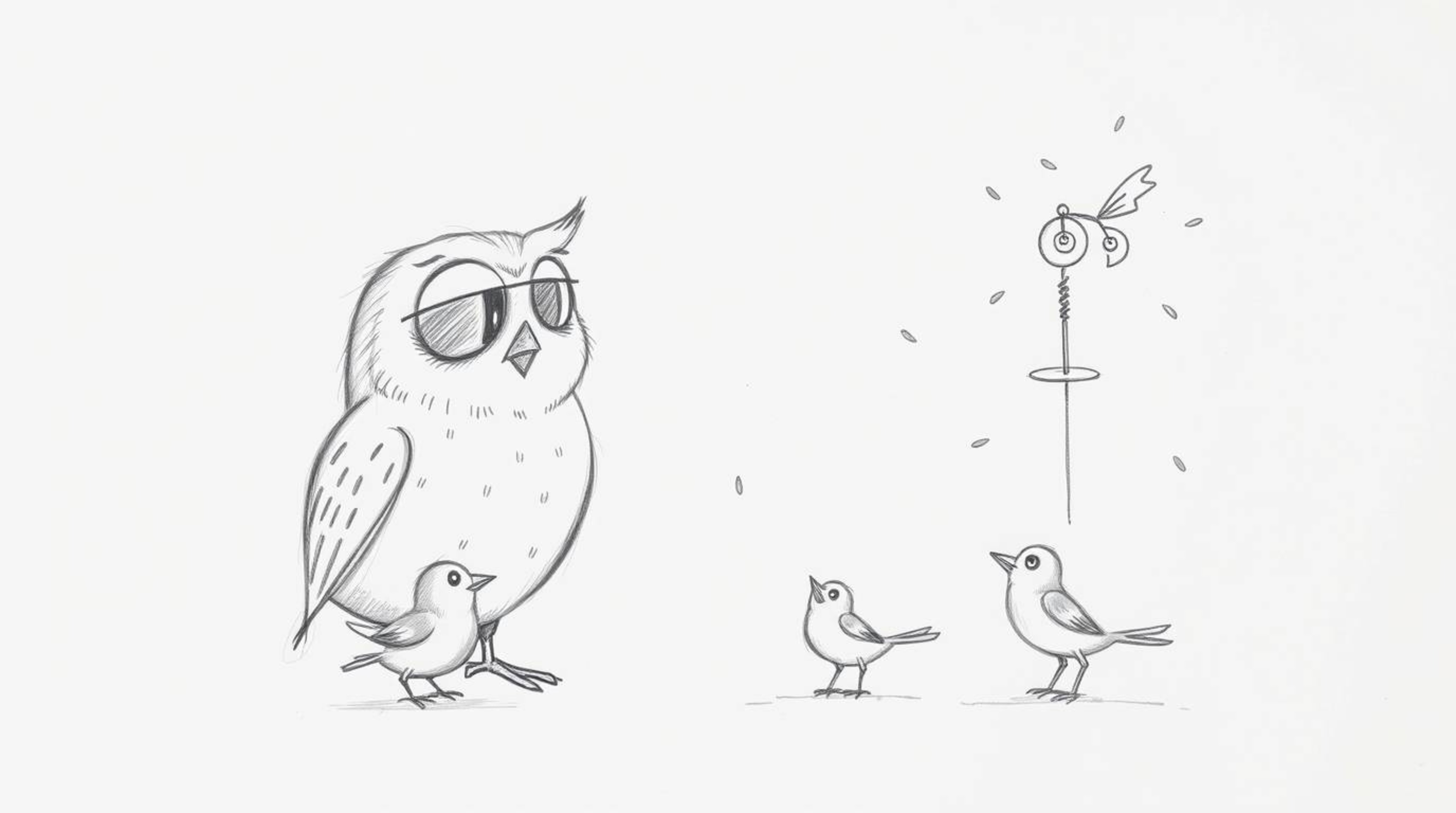 A heartwarming hand-drawn sketch reminiscent of Pixar, depicting a gentle, blind owl guiding small birds in their first attem