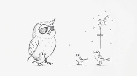 A heartwarming hand-drawn sketch reminiscent of Pixar, depicting a gentle, blind owl guiding small birds in their first attem