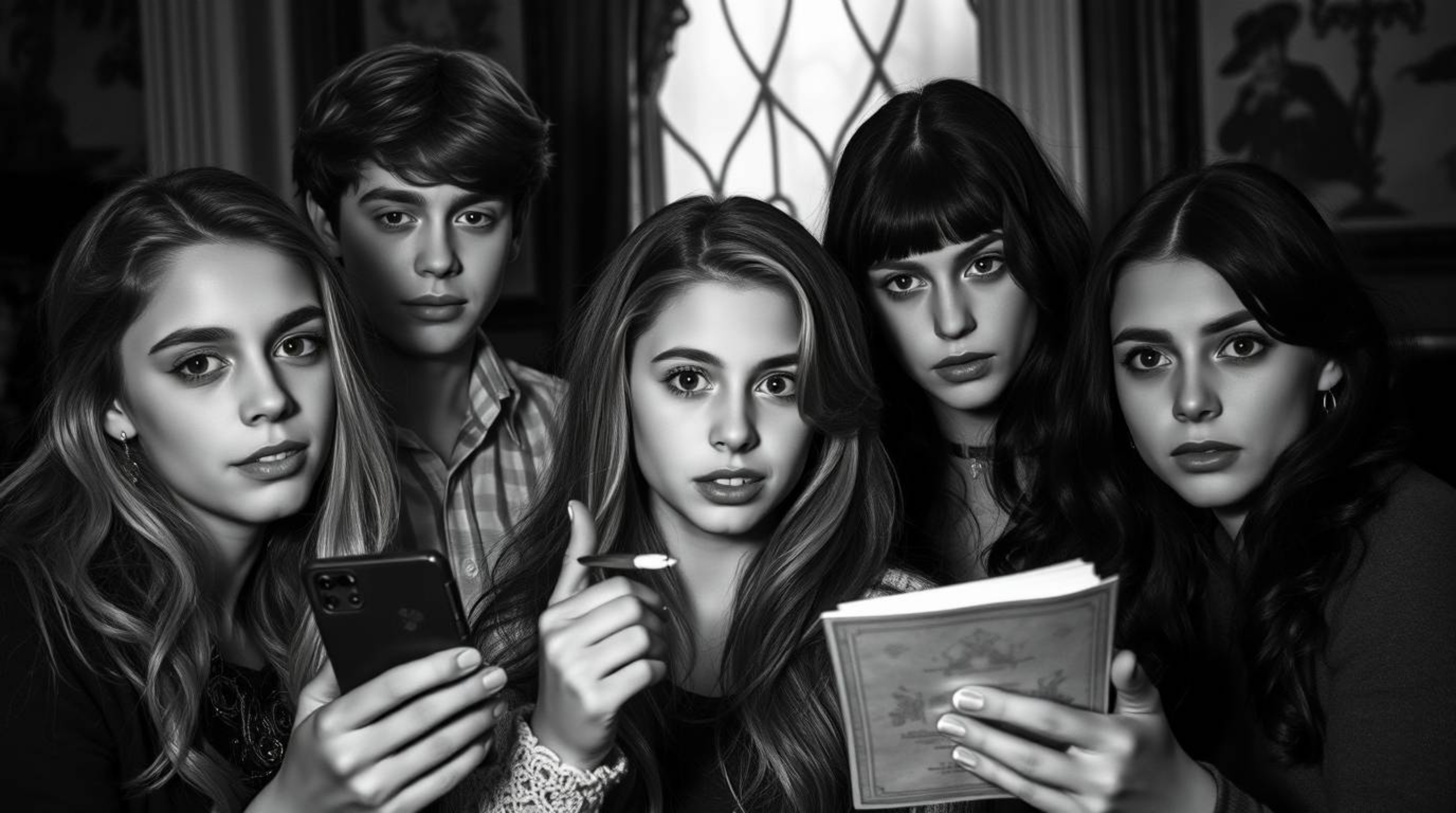 Explore a classic black and white photograph depicting a group of adorable and charming teens engrossed in solving mysteries 