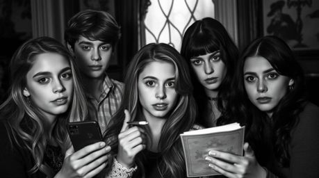 Explore a classic black and white photograph depicting a group of adorable and charming teens engrossed in solving mysteries 
