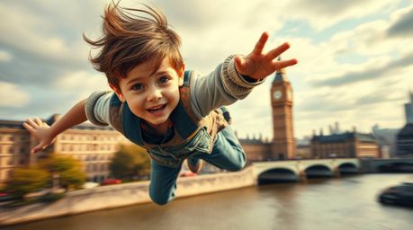 A captivating scene featuring a young boy with light skin dynamically flying above a blurred London cityscape, propelled by m