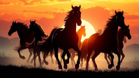 Experience a breathtaking futuristic illustration of a herd of wild horses running beneath a glowing sky, silhouetted by adva