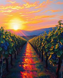 This stunning oil painting captures a vineyard at sunset, brilliantly showcasing the effect of iridescent colors. The artwork