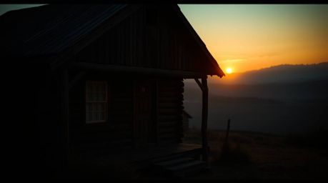A captivating cinematic depiction of an old wooden cabin bathed in the warm glow of sunset.  The image features a strong, moo