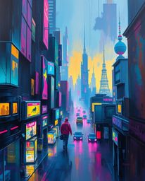 A captivating classic oil painting depicting a futuristic cyberpunk cityscape.  Vibrant neon splashes, smooth gradient transi