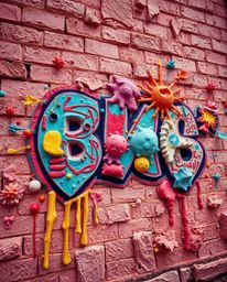 Explore a surreal infrared image capturing the vibrant essence of layered papier-mâché graffiti art on a brick wall. This oth