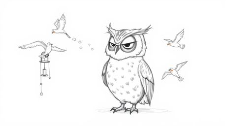 A hand-drawn sketch in the style of Pixar features a wise, blind owl teaching birds to fly.  Using wind chimes and flapping m