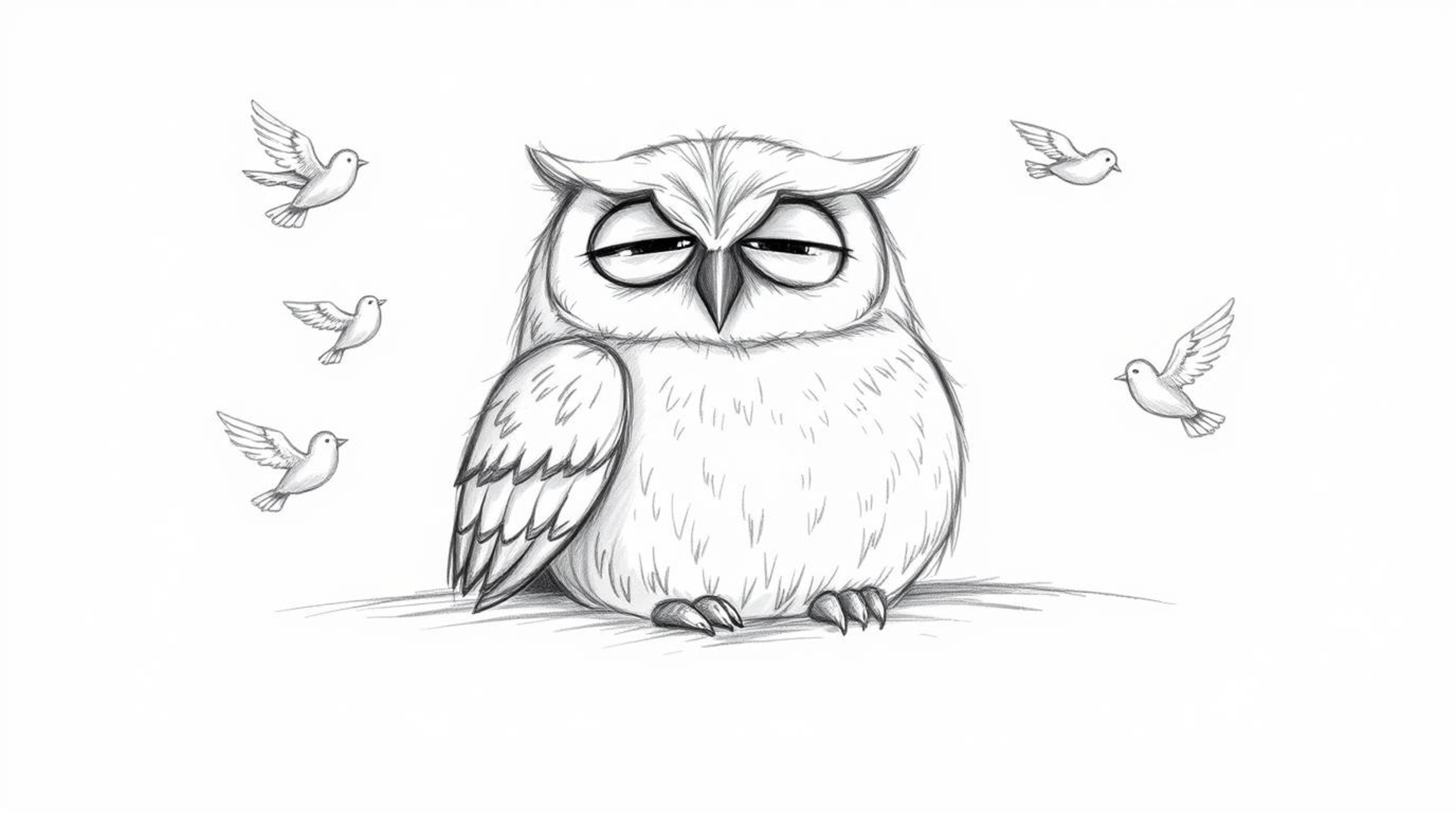 A heartwarming hand-drawn sketch, reminiscent of Pixar, portrays a gentle, blind owl with soft, feathery details resting peac