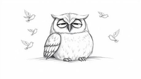 A heartwarming hand-drawn sketch, reminiscent of Pixar, portrays a gentle, blind owl with soft, feathery details resting peac