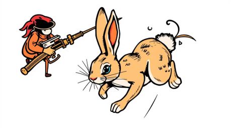 This art print features a whimsical, overhead bird's-eye view of a wacky rabbit escaping a hunter, rendered in a symbolic, tr