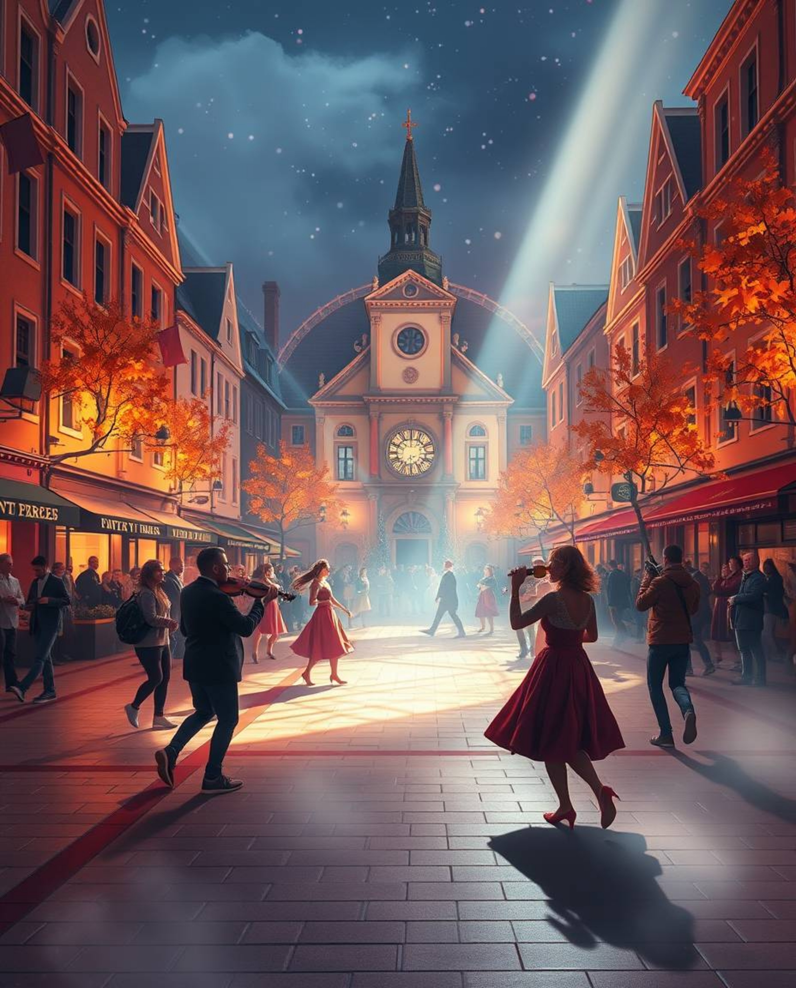 This vibrant digital painting captures the energy of a musical number unfolding in a bright town square. Bathed in volumetric