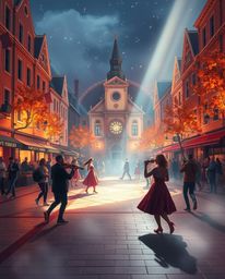 This vibrant digital painting captures the energy of a musical number unfolding in a bright town square. Bathed in volumetric