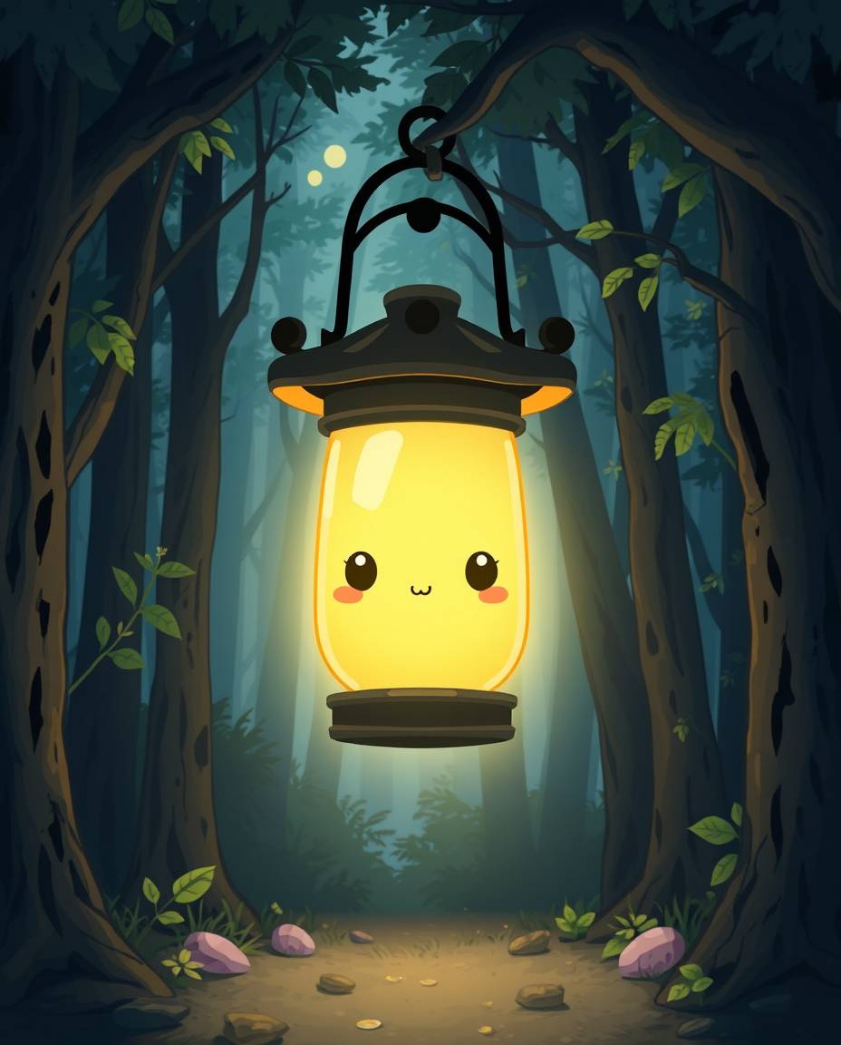 A charming Isekai anime-style illustration depicts a glowing lantern radiating light in a dark forest.  The lantern features 