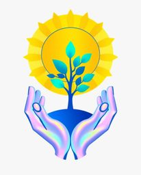 This iridescent logo design features hands planting a tree under a golden sky.  The design incorporates geometric shapes, cle