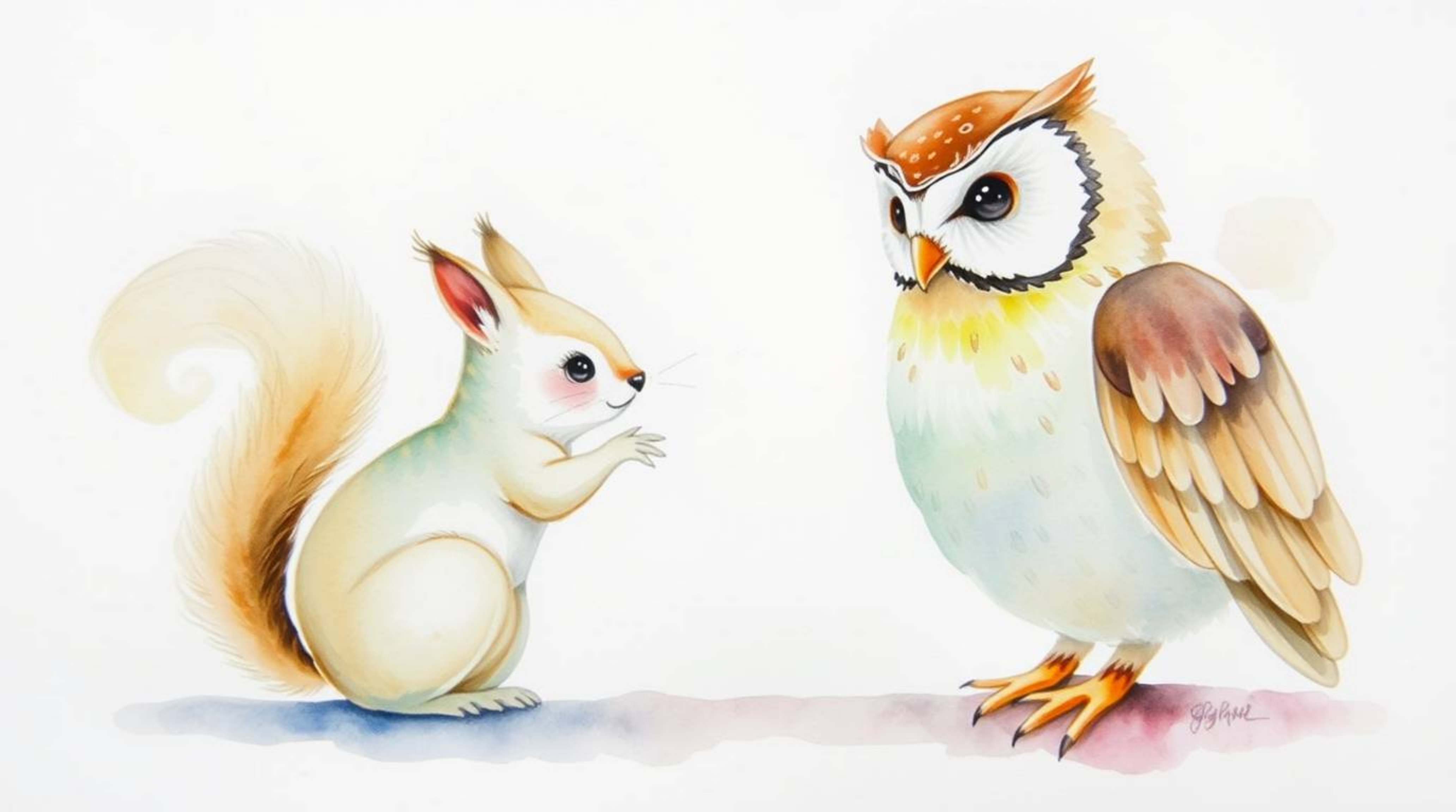 A captivating watercolor painting showcases a mischievous duo of talking animals – a squirrel and an owl.  The artwork featur