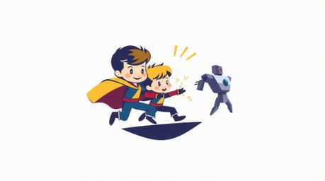 A captivating geometric logo design depicts three superpowered children with stylized features engaged in a dynamic battle ag