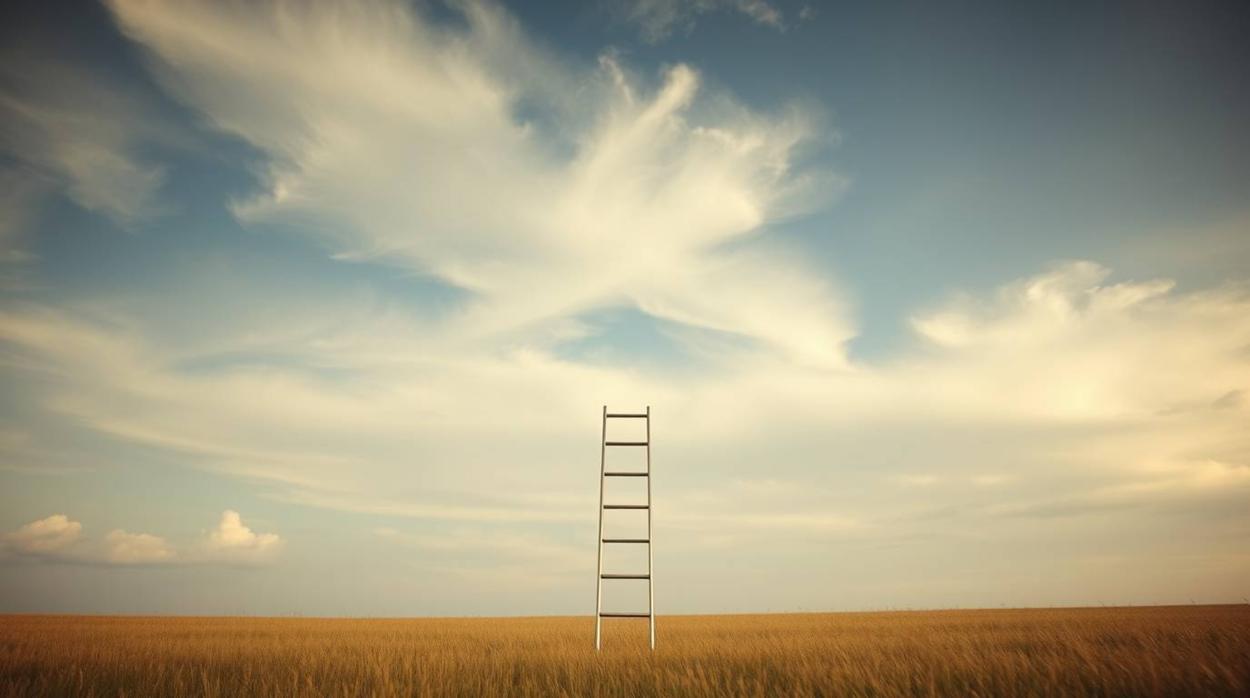 A captivating minimalist photograph depicts a silver ladder standing alone in a vast open field under a dramatic cloudy sky. 