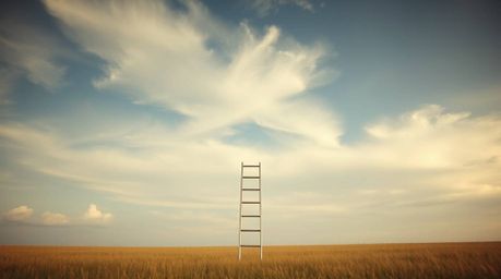 A captivating minimalist photograph depicts a silver ladder standing alone in a vast open field under a dramatic cloudy sky. 