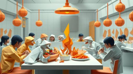 Experience the chaotic energy of a cartoon cafeteria food fight brought to life with intricate origami style. Witness folded 
