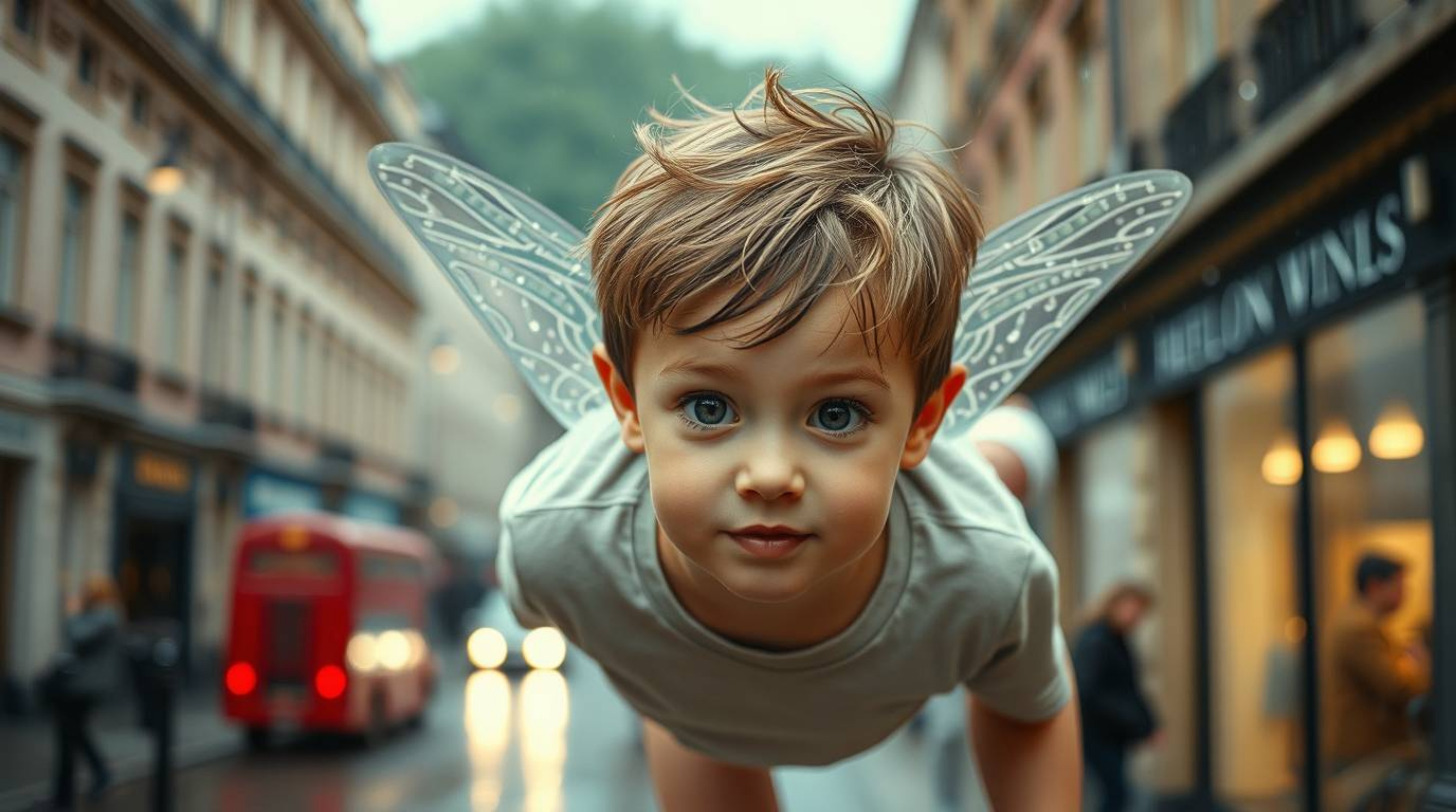 A captivating fine art photograph depicts an adorable young boy magically flying above a London street scene on a rainy day, 