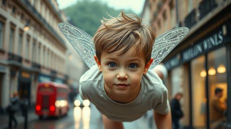 A captivating fine art photograph depicts an adorable young boy magically flying above a London street scene on a rainy day, 