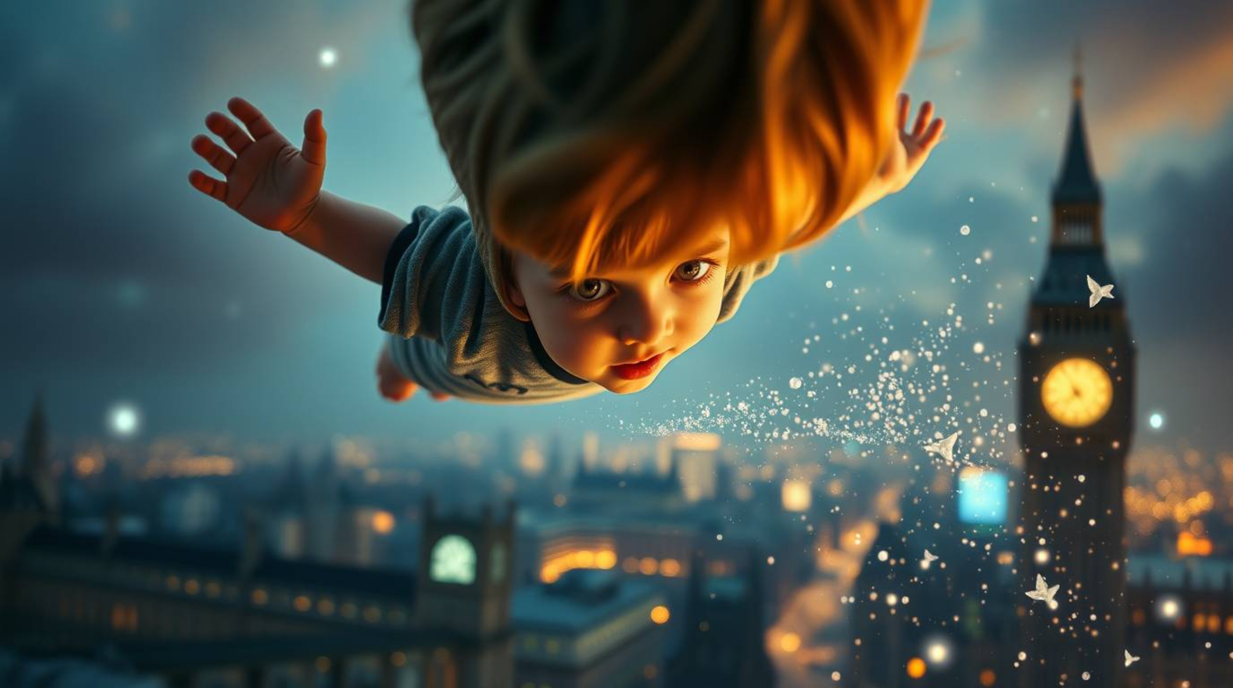 Immerse yourself in a dreamlike world with this surreal image of a young boy soaring above London, powered by magical pixie d