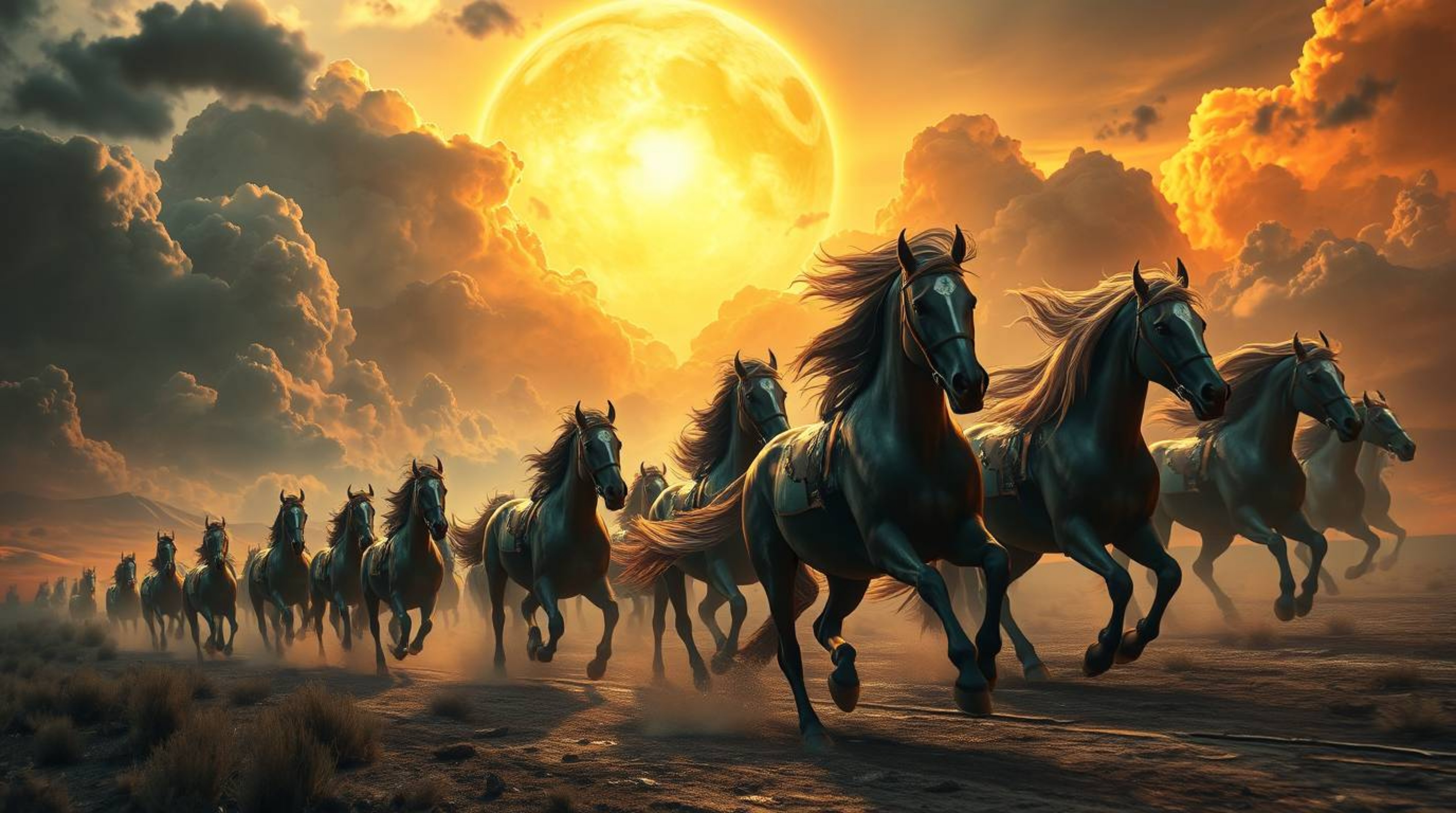 A breathtaking digital painting in a futuristic sci-fi style depicts a herd of wild horses galloping under a vibrant, glowing