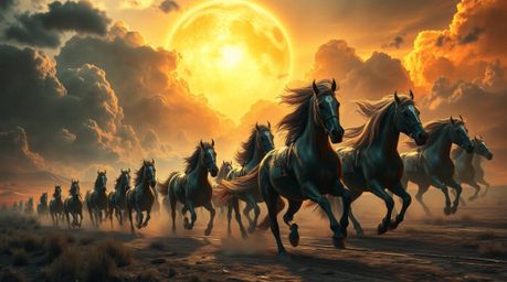 A breathtaking digital painting in a futuristic sci-fi style depicts a herd of wild horses galloping under a vibrant, glowing