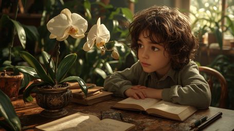 In a highly detailed, cinematic photograph reminiscent of Pixar's whimsical style, a bright-eyed, homeschooled genius with a 