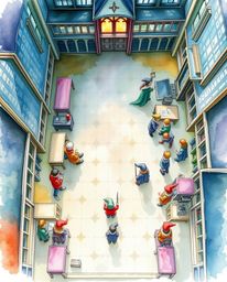 This delicate watercolor painting offers a captivating bird's-eye view of a magical school teeming with young wizards. The ar